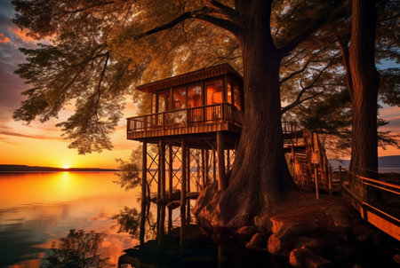 view of tree house on lake with sunset beauty. generative aiの素材