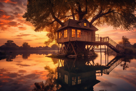 view of tree house on lake with sunset beauty. generative aiの素材