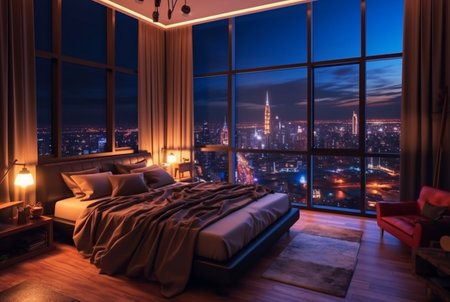apartment bedroom with beautiful city night view from the window. generative aiの素材