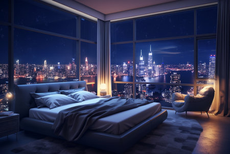 apartment bedroom with beautiful city night view from the window. generative aiの素材