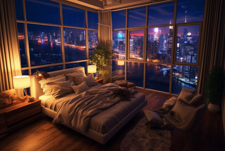 apartment bedroom with beautiful city night view from the window. generative aiの素材
