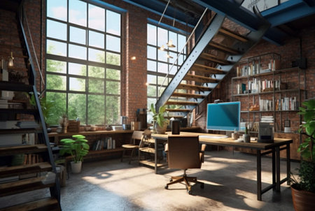 modern workspace in loft, industrial style. generative aiの素材