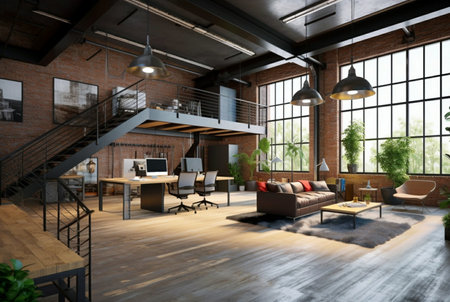 modern workspace in loft, industrial style. generative aiの素材