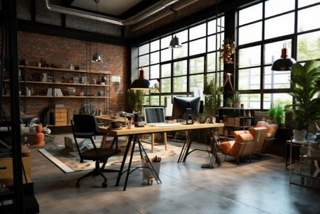 modern workspace in loft, industrial style. generative aiの素材