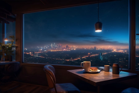 a coffee shop on a hill with views of urban lights at night. generative aiの素材