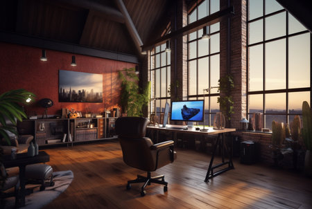 modern workspace in loft, industrial style. generative aiの素材