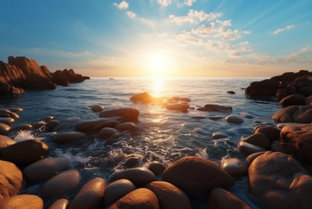 landscape view of the beauty of the sunrise on the beach with large rocks and relaxing waves. generative aiの素材