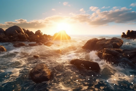 landscape view of the beauty of the sunrise on the beach with large rocks and relaxing waves. generative aiの素材