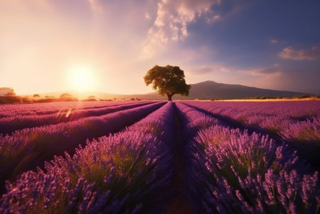 Stunning landscape with lavender field at sunset. Generative AI.の素材