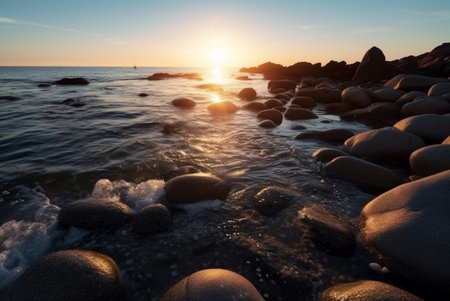 landscape view of the beauty of the sunrise on the beach with large rocks and relaxing waves. generative aiの素材