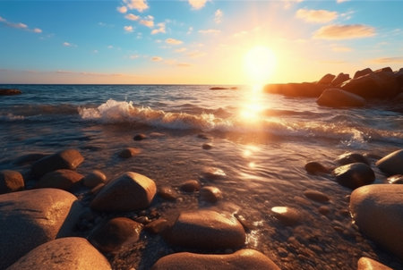 landscape view of the beauty of the sunrise on the beach with large rocks and relaxing waves. generative aiの素材