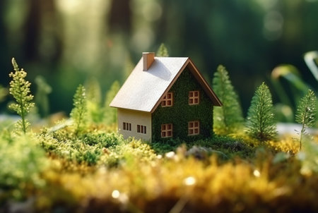 Eco Friendly House In Moss In The Garden. Miniature wooden house in spring grass. House in sunny grass. generative aiの素材