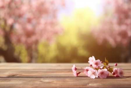 wooden table with cherry blossom in the background. Generative Aiの素材