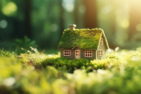 Eco Friendly House In Moss In The Garden. Miniature wooden house in spring grass. House in sunny grass. generative aiの素材