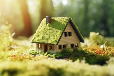 Eco Friendly House In Moss In The Garden. Miniature wooden house in spring grass. House in sunny grass. generative aiの素材
