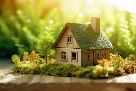 Eco Friendly House In Moss In The Garden. Miniature wooden house in spring grass. House in sunny grass. generative aiの素材