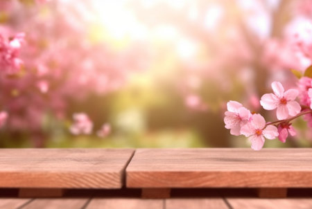 wooden table with cherry blossom in the background. Generative Aiの素材