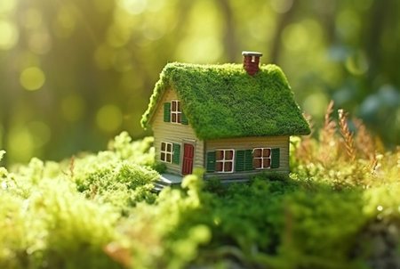 Eco Friendly House In Moss In The Garden. Miniature wooden house in spring grass. House in sunny grass. generative aiの素材