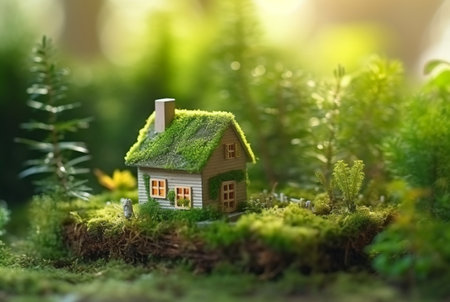 Eco Friendly House In Moss In The Garden. Miniature wooden house in spring grass. House in sunny grass. generative aiの素材