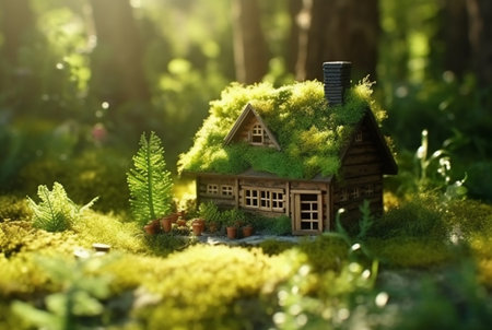 Eco Friendly House In Moss In The Garden. Miniature wooden house in spring grass. House in sunny grass. generative aiの素材