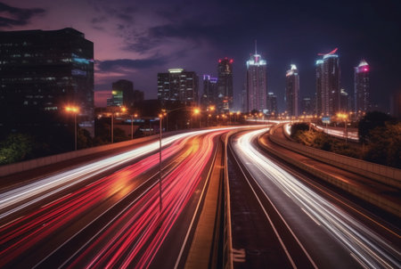 A long exposure shot of the city skyline or other cityscape at night, capturing light trails from moving vehicles or other light sources. generative aiの素材