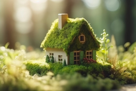 Eco Friendly House In Moss In The Garden. Miniature wooden house in spring grass. House in sunny grass. generative aiの素材