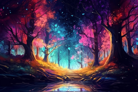 abstract landscape. colorful art fantasy landscape with a forest and glowing light. generative aiの素材