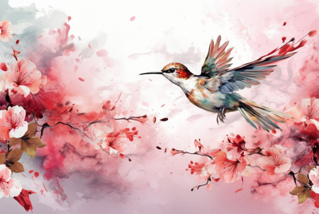 beautiful flowers and birds with watercolors. generative aiの素材