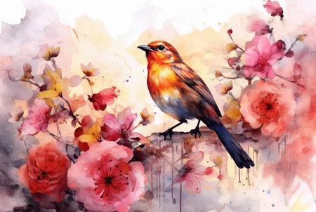 beautiful flowers and birds with watercolors. generative aiの素材