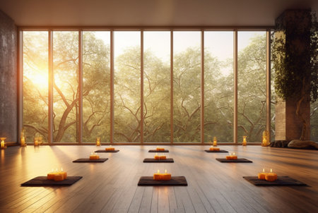 empty zen room or yoga studio with nature view from window and burning candles on floor. generative aiの素材