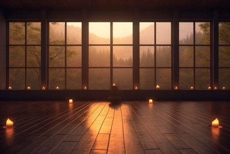empty zen room or yoga studio with nature view from window and burning candles on floor. generative aiの素材