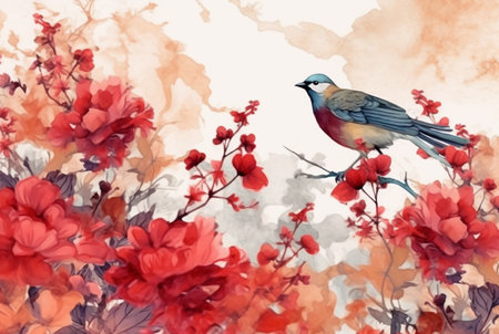 beautiful flowers and birds with watercolors. generative aiの素材