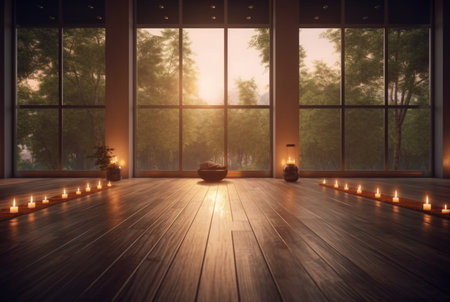 empty zen room or yoga studio with nature view from window and burning candles on floor. generative aiの素材