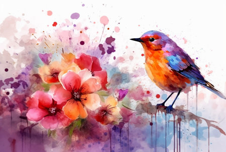 beautiful flowers and birds with watercolors. generative aiの素材
