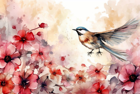 beautiful flowers and birds with watercolors. generative aiの素材