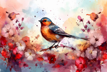 beautiful flowers and birds with watercolors. generative aiの素材