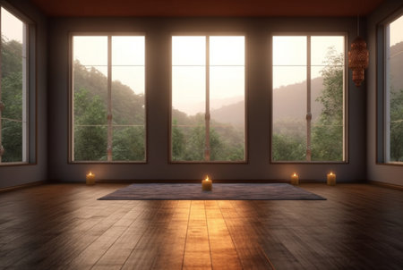 empty zen room or yoga studio with nature view from window and burning candles on floor. generative aiの素材