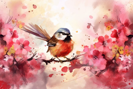 beautiful flowers and birds with watercolors. generative aiの素材