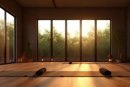 empty zen room or yoga studio with nature view from window and burning candles on floor. generative aiの素材