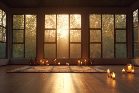 empty zen room or yoga studio with nature view from window and burning candles on floor. generative aiの素材
