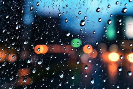 glass background with raindrops and street lights at night. generative aiの素材