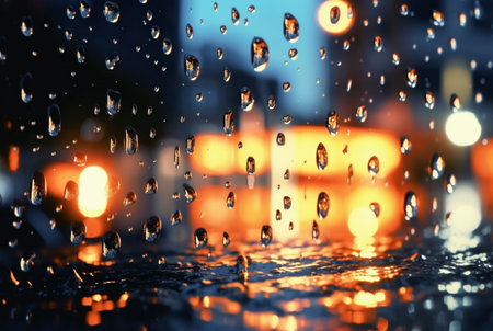 glass background with raindrops and street lights at night. generative aiの素材