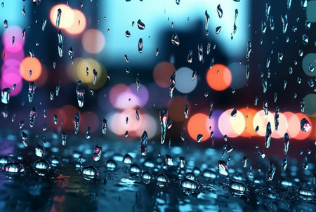 glass background with raindrops and street lights at night. generative aiの素材