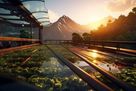 glass bridge over the tea garden with sunset view in the evening. generative aiの素材