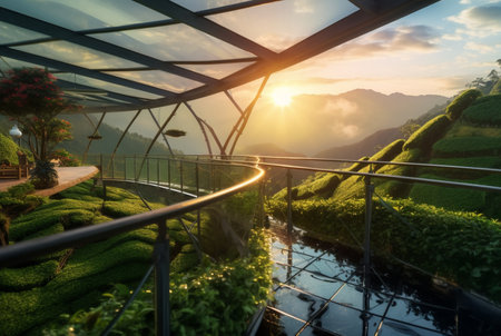 glass bridge over the tea garden with sunset view in the evening. generative aiの素材