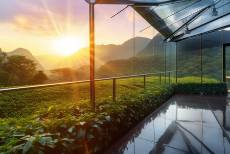 glass bridge over the tea garden with sunset view in the evening. generative aiの素材