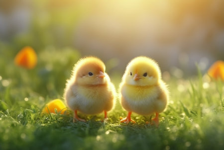 a group of cute chicks in a green grass garden with blurred sun light background. generative aiの素材