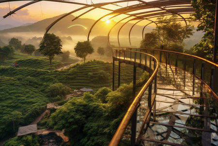 glass bridge over the tea garden with sunset view in the evening. generative aiの素材