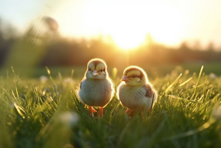 a group of cute chicks in a green grass garden with blurred sun light background. generative aiの素材