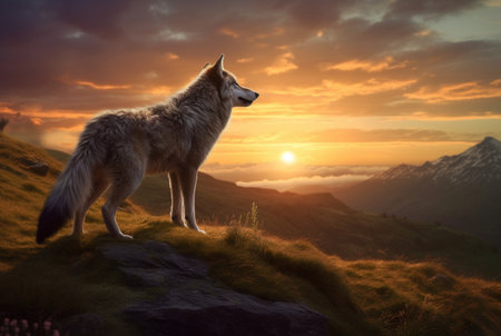 wolf on the hill with sunset view in the evening. generative aiの素材
